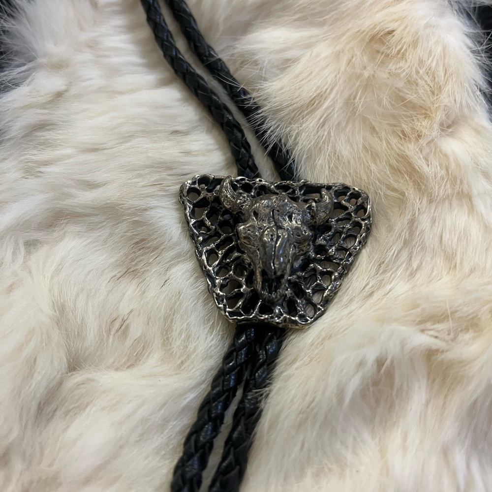 Black Braided Bolo Tie with Silver Bull Head